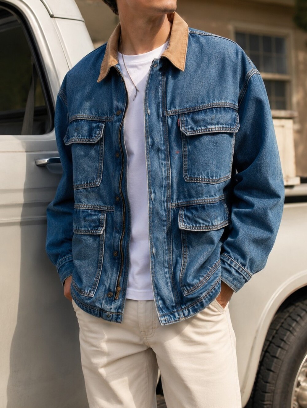 NWT Levi's Blue Denim Field Jacket Brown Collar Utility Trucker Coat Cotton